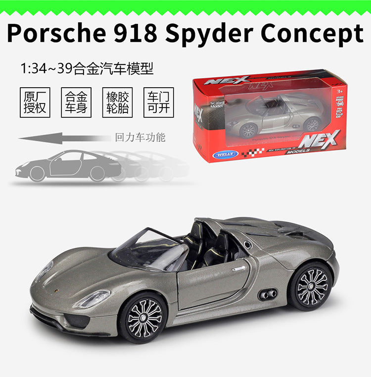1/36 Scale Porsche 918 Spyder Concept Sports Car Diecast Model Pull Back Toy